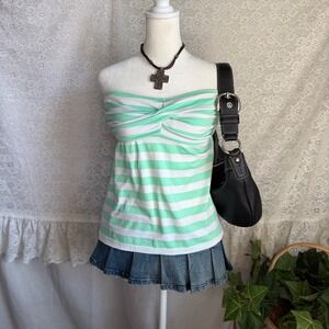 Y2K Striped Mint Green White Tube Top Twist Front Strapless Medium
